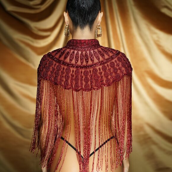 Red Fringe Cape, Rhinestone Beaded Shawl, Luxury Sequin Cape, Festival Outfit - Picture 11 of 13